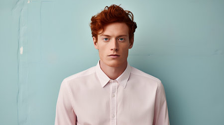 Funny portrait of young redhead man in white shirt on blue background.の素材