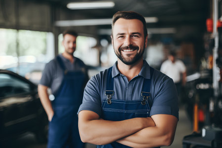 Portrait of smiling auto mechanic with crossed arms standing in auto repair shopの素材