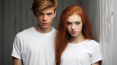 Portrait of young couple in white t-shirts looking at cameraの素材
