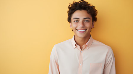 Portrait of a happy young man smiling at camera against yellow backgroundの素材