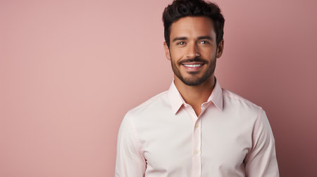 Handsome young man in shirt is looking at camera and smiling while standing against pink backgroundの素材