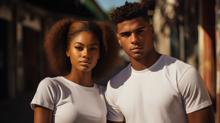 Beautiful african american couple in white t-shirts on the street.の素材
