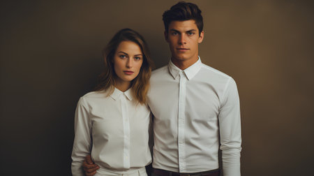 Portrait of a beautiful young couple in white shirts on a dark backgroundの素材