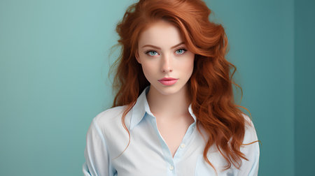 Portrait of beautiful young woman with red hair. Studio shot.の素材