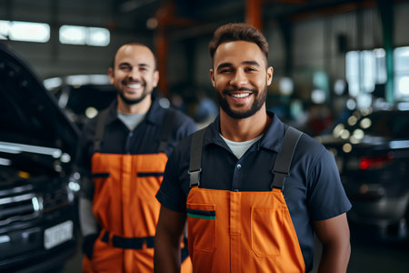 Portrait of smiling auto mechanic in uniform standing in auto repair shopの素材