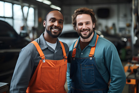 portrait of smiling african american and caucasian mechanics in uniform standing in auto repair shopの素材