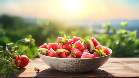 Sliced watermelon with mint leaves and cherry tomatoes in a bowl on a wooden table.の素材