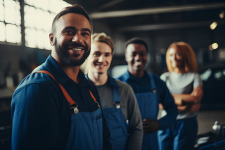 Portrait of happy smiling mechanic in uniform standing in auto repair shopの素材