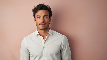 Portrait of a handsome young man in a white shirt on a pink backgroundの素材