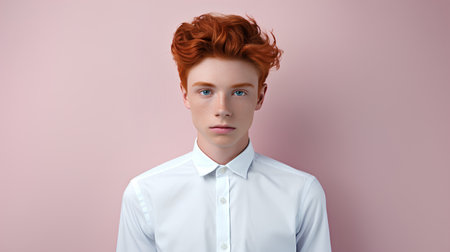Portrait of a red-haired boy in a white shirt on a pink backgroundの素材