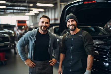 Portrait of two smiling auto mechanics standing in auto repair shop.の素材