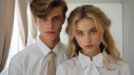 Portrait of a beautiful young couple in a white shirt and tieの素材