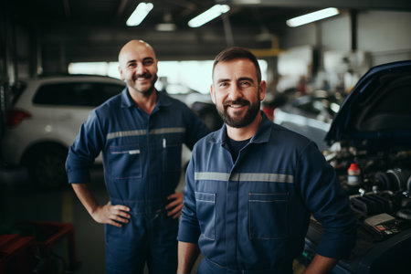 Portrait of two auto mechanics standing with arms crossed in auto serviceの素材