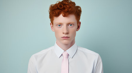 Portrait of young redhead man with freckles on faceの素材