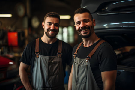 Portrait of two smiling auto mechanics standing in auto repair shop.の素材