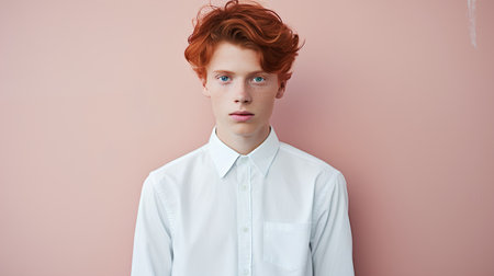 Portrait of a red-haired young man in a white shirt on a pink backgroundの素材
