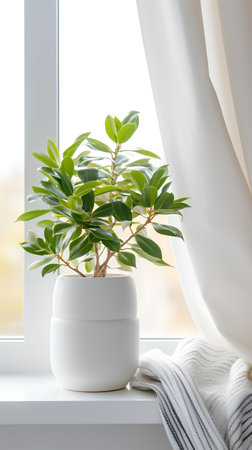 Ficus in a white vase on the windowsill. Home interior.の素材