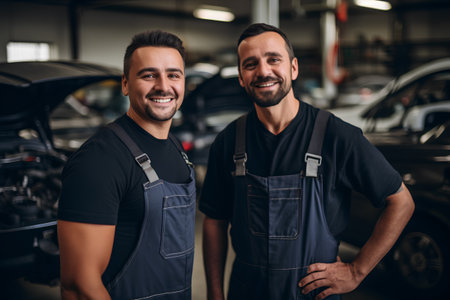 Portrait of two smiling auto mechanics standing together in auto repair shopの素材
