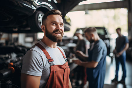 Handsome bearded man in overalls is looking at camera and smiling while working in auto repair shopの素材