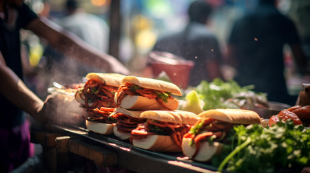 Street food. Street food. Fast food in the city. Hot dogs on the street.の素材