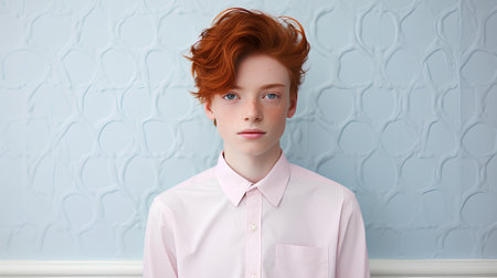 Portrait of a red-haired girl with freckles on her face looking at the cameraの素材