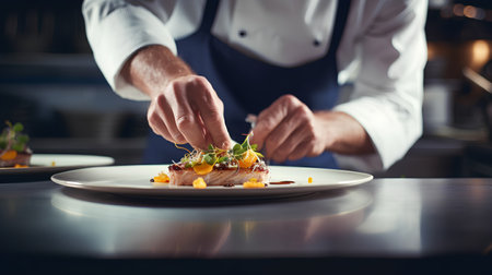 Male chef decorating dish in restaurant kitchen, closeup. Professional cook preparing delicious food.の素材