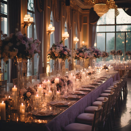 Wedding Banquet Table Decorated with Flowers and Candlesの素材