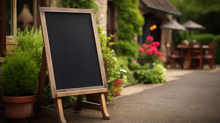 Blank menu board on a restaurant terrace with flowers in the backgroundの素材