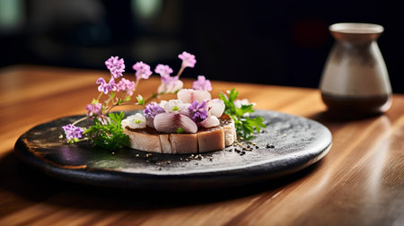 sandwich with cream cheese and spring flowers on a black plate on a wooden tableの素材