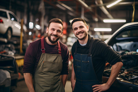 Two smiling auto mechanics are standing in auto repair shop. They are looking at camera and smiling.の素材