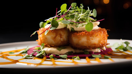 Fried scallops with cream sauce and microgreens on a black backgroundの素材