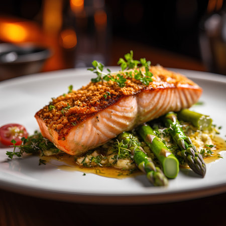 Grilled salmon with asparagus and sauce on a white plateの素材
