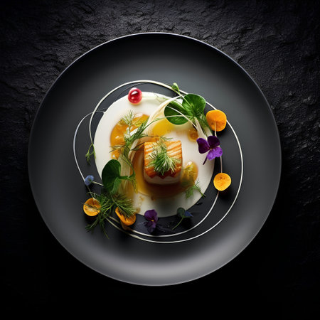 Fried egg with vegetables and fruits on black plate. Top viewの素材