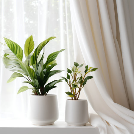 Houseplants in a white pot on the windowsill. 3d renderingの素材
