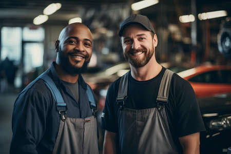 Portrait of two smiling auto mechanics in uniform standing in auto repair shop.の素材