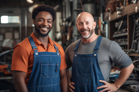 Portrait of two smiling African American men in workwear standing in workshop.の素材