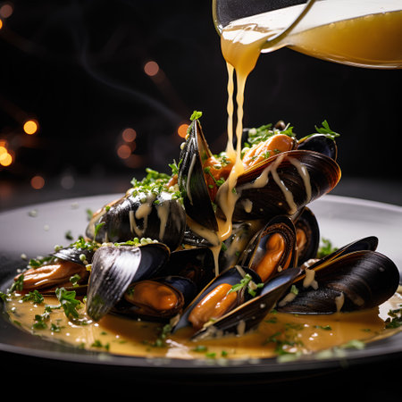Fresh mussels with cheese sauce on a black background. Selective focus.の素材