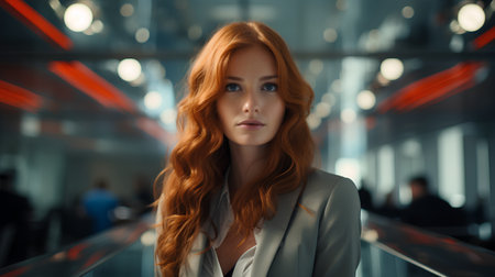 Young redhead businesswoman standing on the escalator in office.の素材