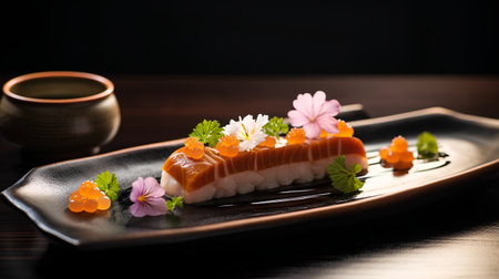 Sushi on a plate on a wooden table. Japanese food.の素材