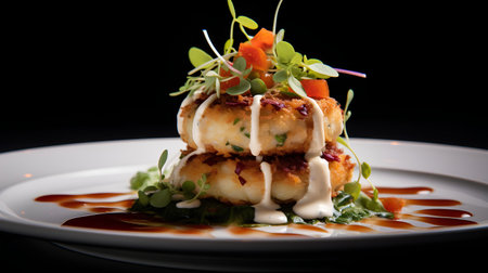 Fish cakes with sauce on a white plate on a black background.の素材