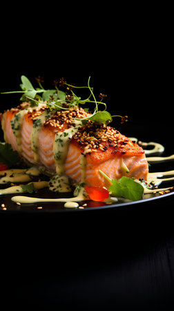 Salmon fillet with sauce and arugula on black backgroundの素材