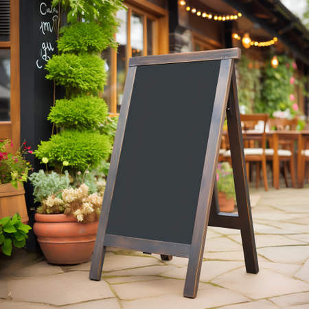 Restaurant menu mockup. Empty black chalkboard signboard in front of a cafe.の素材
