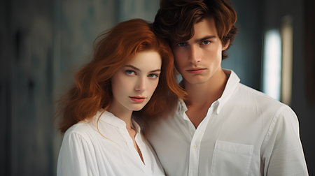 Portrait of a young couple in love. Man and woman in a white shirt.の素材