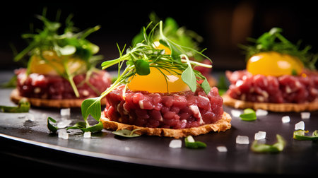 Tartar with raw beef, egg yolk and arugulaの素材