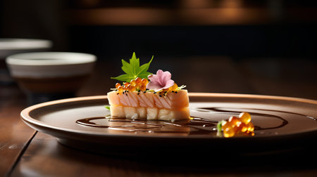 Sushi roll with salmon, caviar, cream cheese and sauce on wooden tableの素材