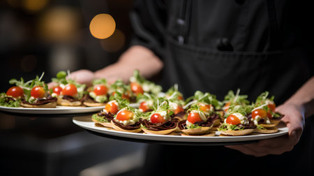 Chef holding a plate of canapes with tomatoes and mozzarellaの素材