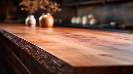 Close up of wooden countertop in modern kitchen, shallow depth of fieldの素材