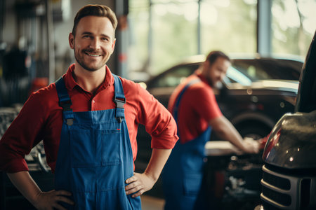 Handsome smiling mechanic in uniform is standing near car in auto repair shop.の素材