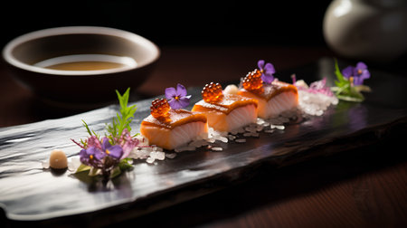 Japanese cuisine. Sushi rolls on a black background. Japanese food.の素材