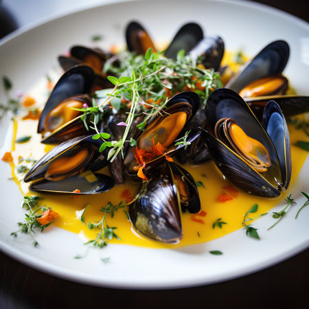 Mussels with sauce and thyme on a white plate. Restaurantの素材